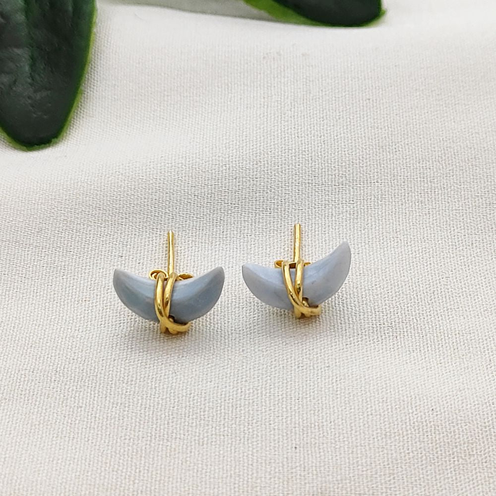 Blue Opal Crescent Earrings Handmade Dainty Half Moon Gemstone Studs in Gold Plated Sterling Silver- Selling Per Piece