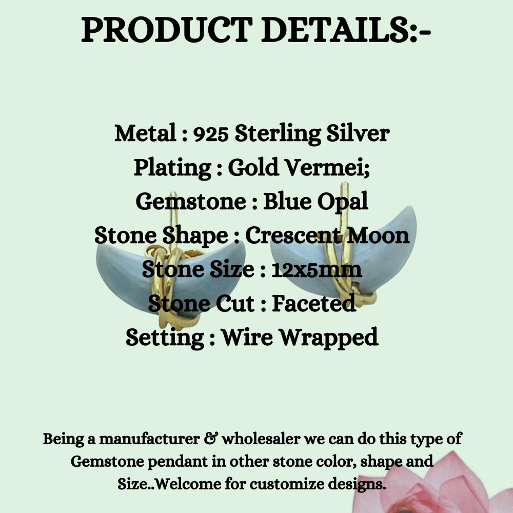 Blue Opal Crescent Earrings Handmade Dainty Half Moon Gemstone Studs in Gold Plated Sterling Silver- Selling Per Piece