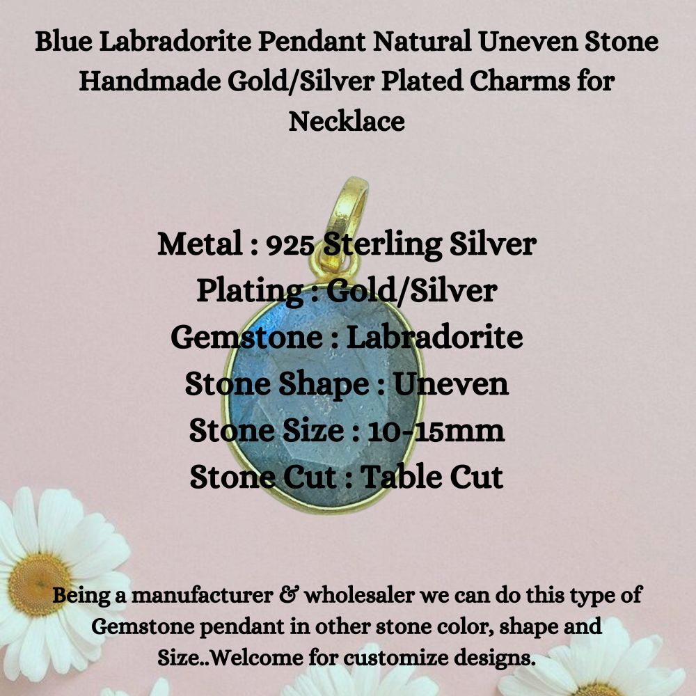 Blue Labradorite Pendant Natural Uneven Stone Handmade Gold/Silver Plated Charms for Necklace
