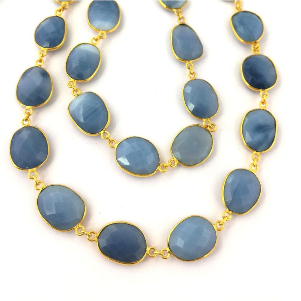 Blue Opal Connector Chain Gold Plated Bezel Freeform Gemstone Links Jewelry Making Supply- Selling by Foot