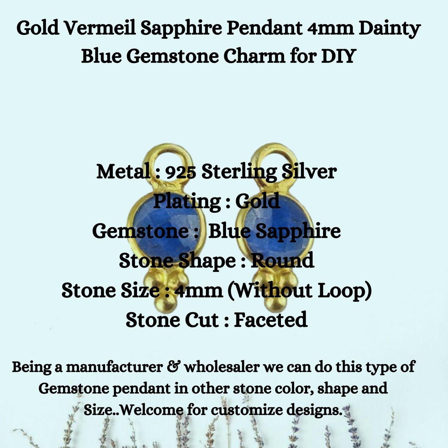 Gold Vermeil Sapphire Pendant 4mm Dainty Blue Gemstone Charm for DIY