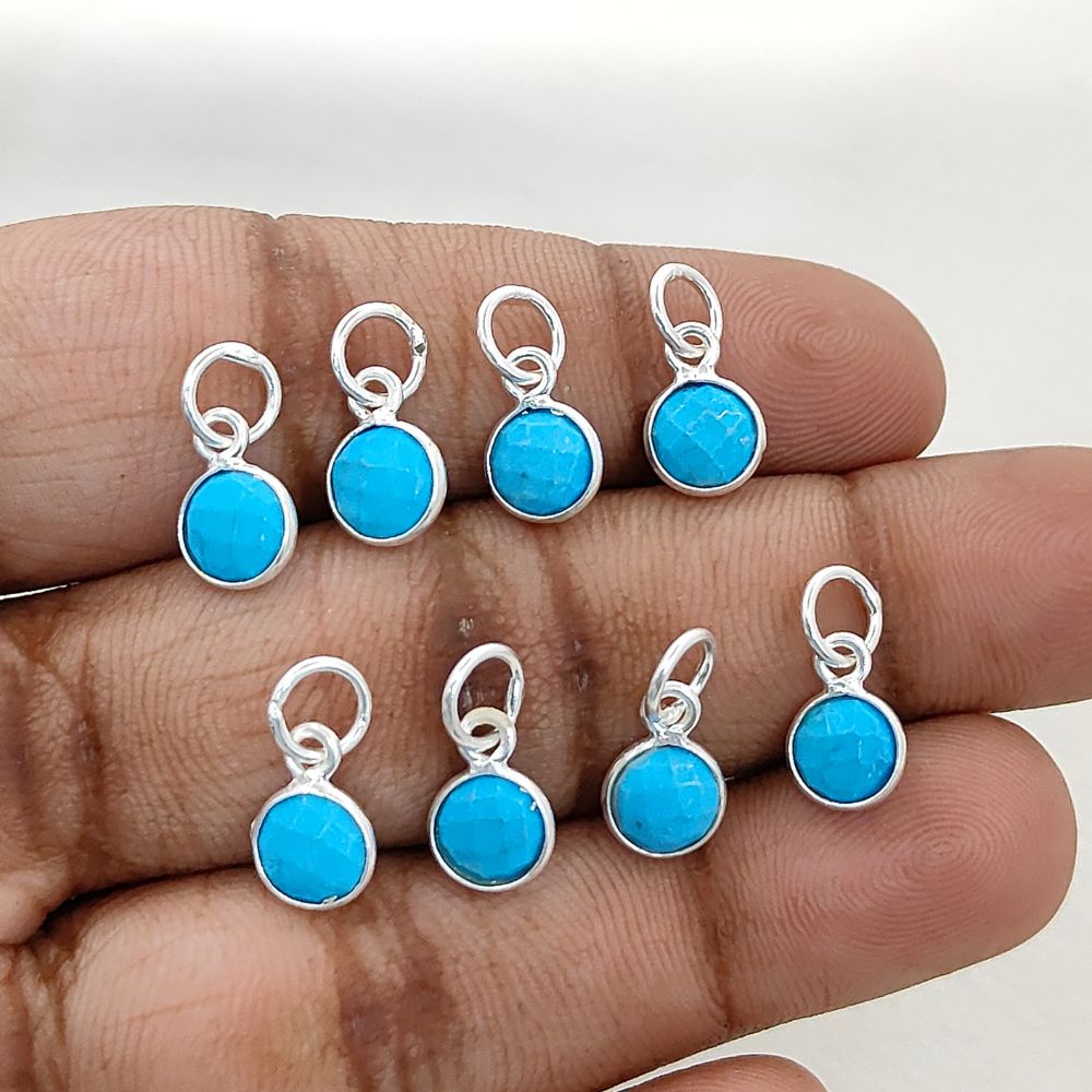 Blue Turquoise Pendant for Necklace Handmade 6mm Faceted Round December Birthstone Bezel Charm in Gold Vermeil & Sterling Silver Jewelry- Selling Per Piece