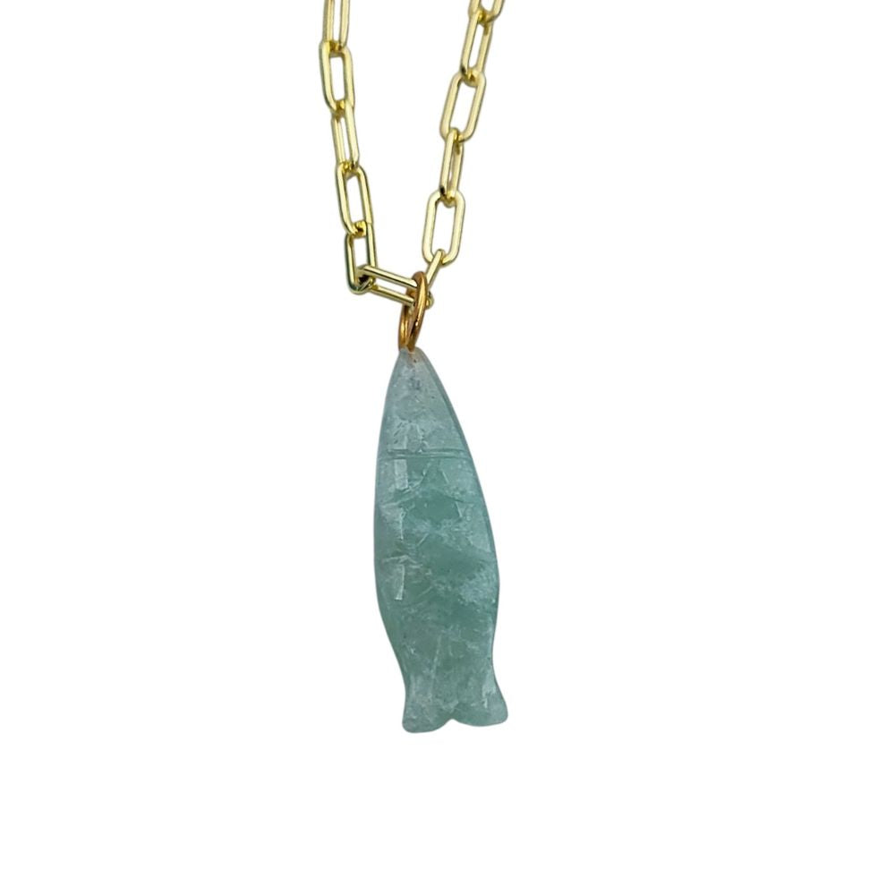Bohemian Amazonite Fish Necklace Hand-Carved Gemstone Pendant in Gold Plated Chain- Selling Per Piece