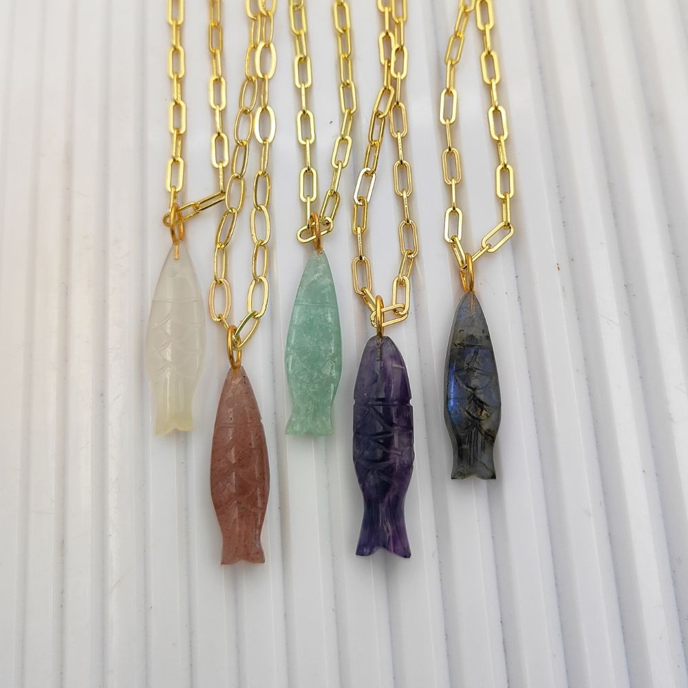Hand-Carved Labradorite Fish Pendant for Necklace Gold Plated Paperclip Chain Spiritual Jewelry Gift- Selling Per Piece