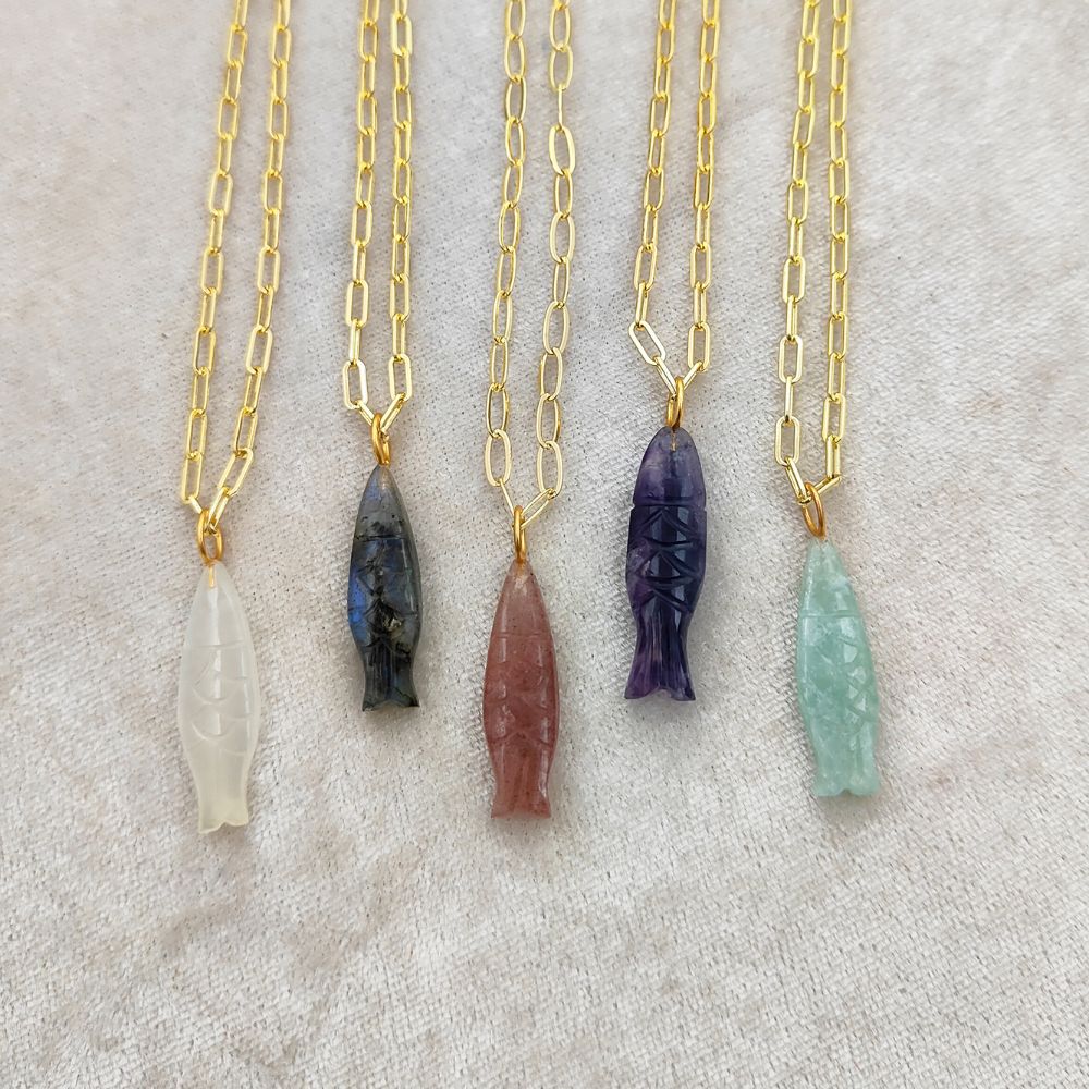 Fluorite Gemstone Fish Necklace Hand-Carved Bohemian Pendant on Elegant Gold Paperclip Chain- Selling Per Piece