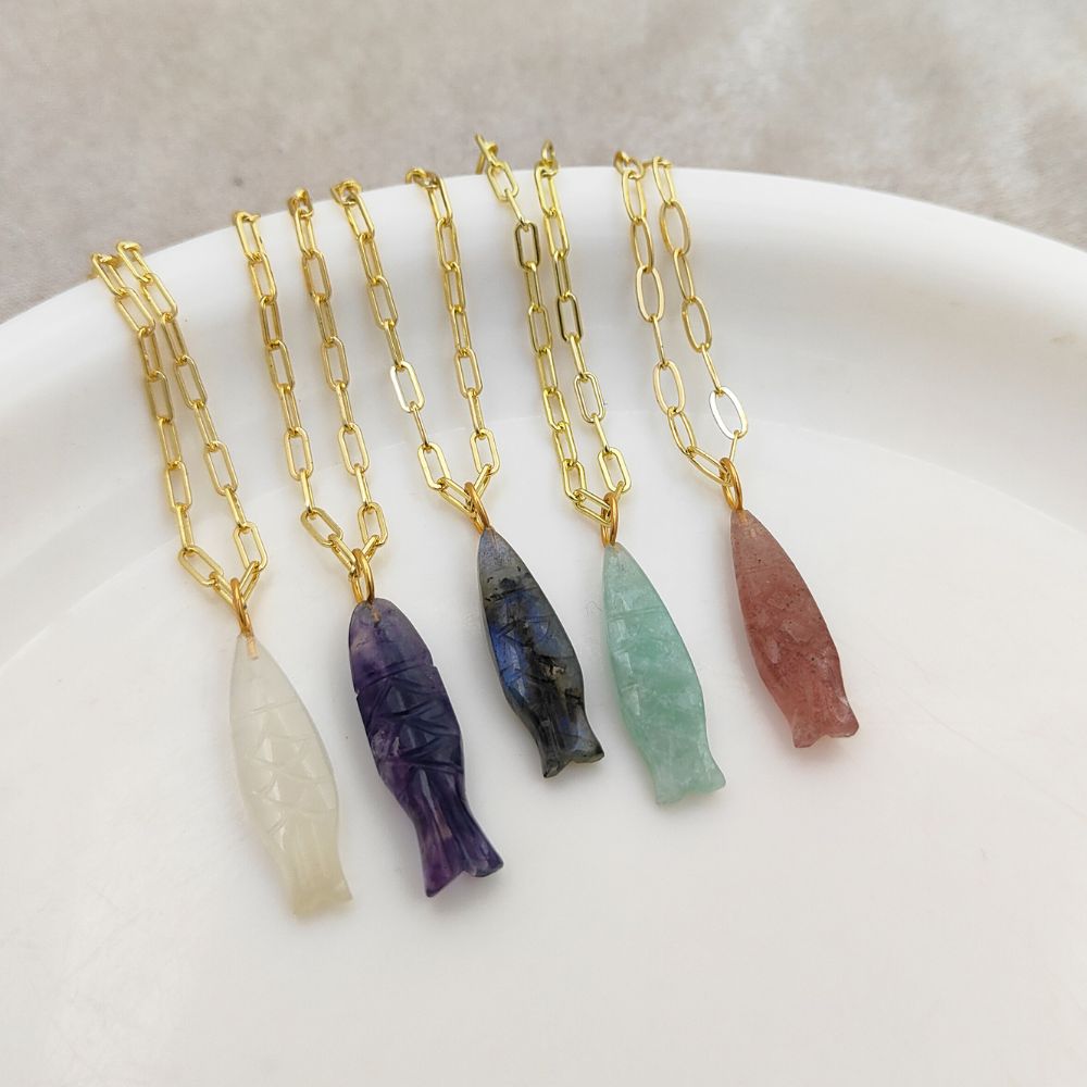 Fluorite Gemstone Fish Necklace Hand-Carved Bohemian Pendant on Elegant Gold Paperclip Chain- Selling Per Piece