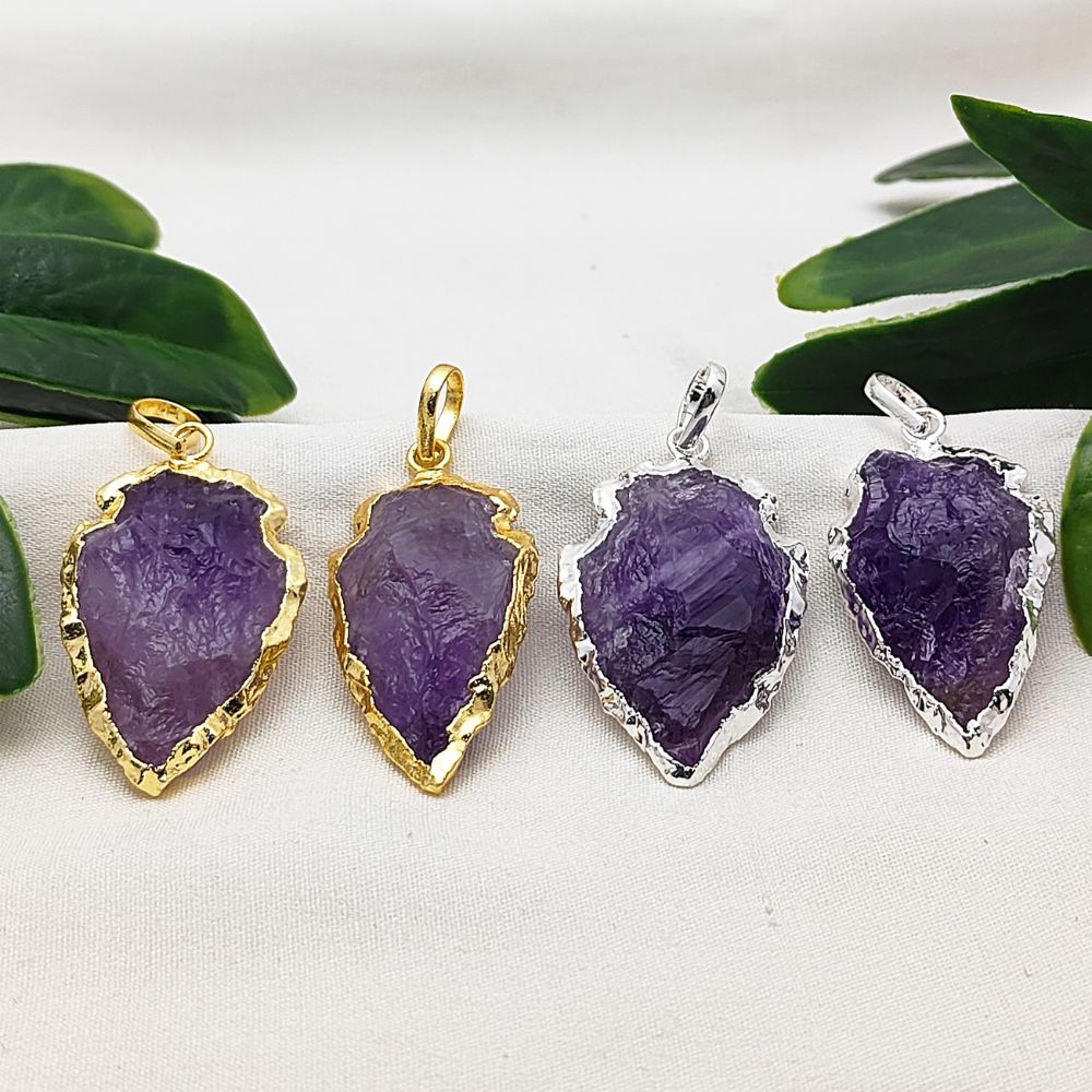 Bohemian Amethyst Arrowhead Pendant, Gold/Silver Plated Tribal Gemstone Charm for Handmade Jewelry – Selling Per Piece