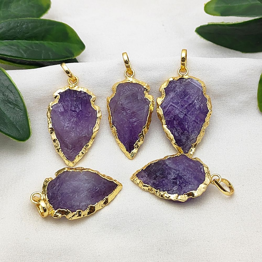 Bohemian Amethyst Arrowhead Pendant, Gold/Silver Plated Tribal Gemstone Charm for Handmade Jewelry – Selling Per Piece