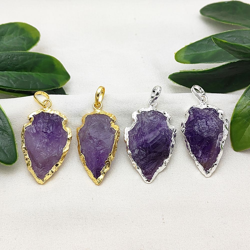 Bohemian Amethyst Arrowhead Pendant, Gold/Silver Plated Tribal Gemstone Charm for Handmade Jewelry – Selling Per Piece