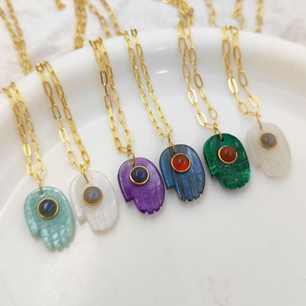 Bohemian Gold Plated Hamsa Hand Gemstone Necklace Spiritual Jewelry and Meaningful Gift for Women- Selling Per Piece