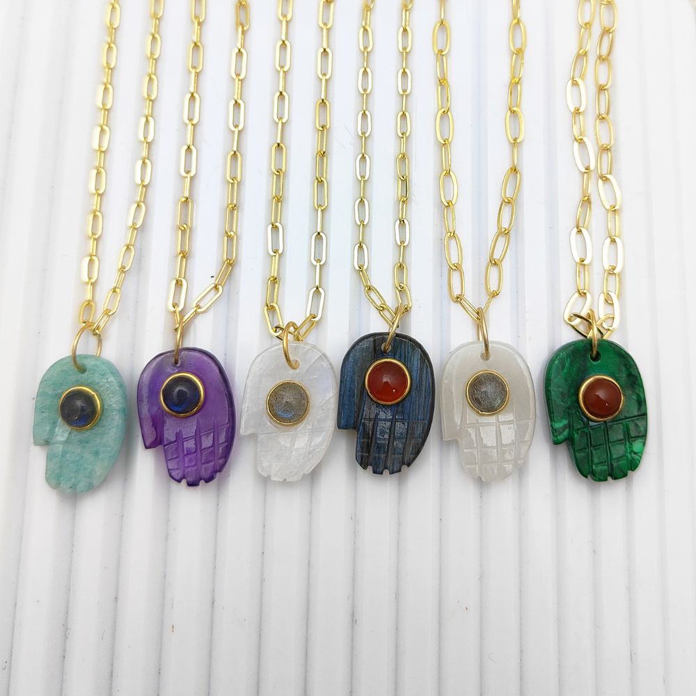 Bohemian Gold Plated Hamsa Hand Gemstone Necklace Spiritual Jewelry and Meaningful Gift for Women- Selling Per Piece