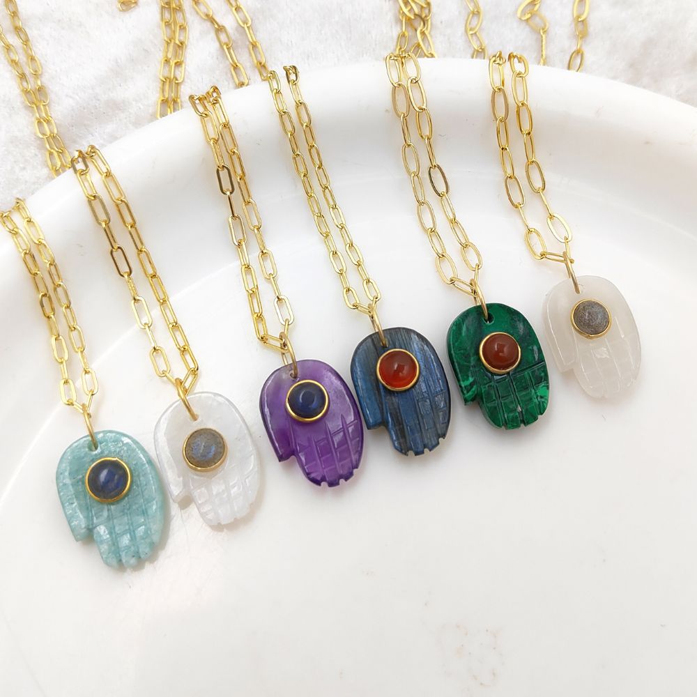 Bohemian Gold Plated Hamsa Hand Gemstone Necklace Spiritual Jewelry and Meaningful Gift for Women- Selling Per Piece