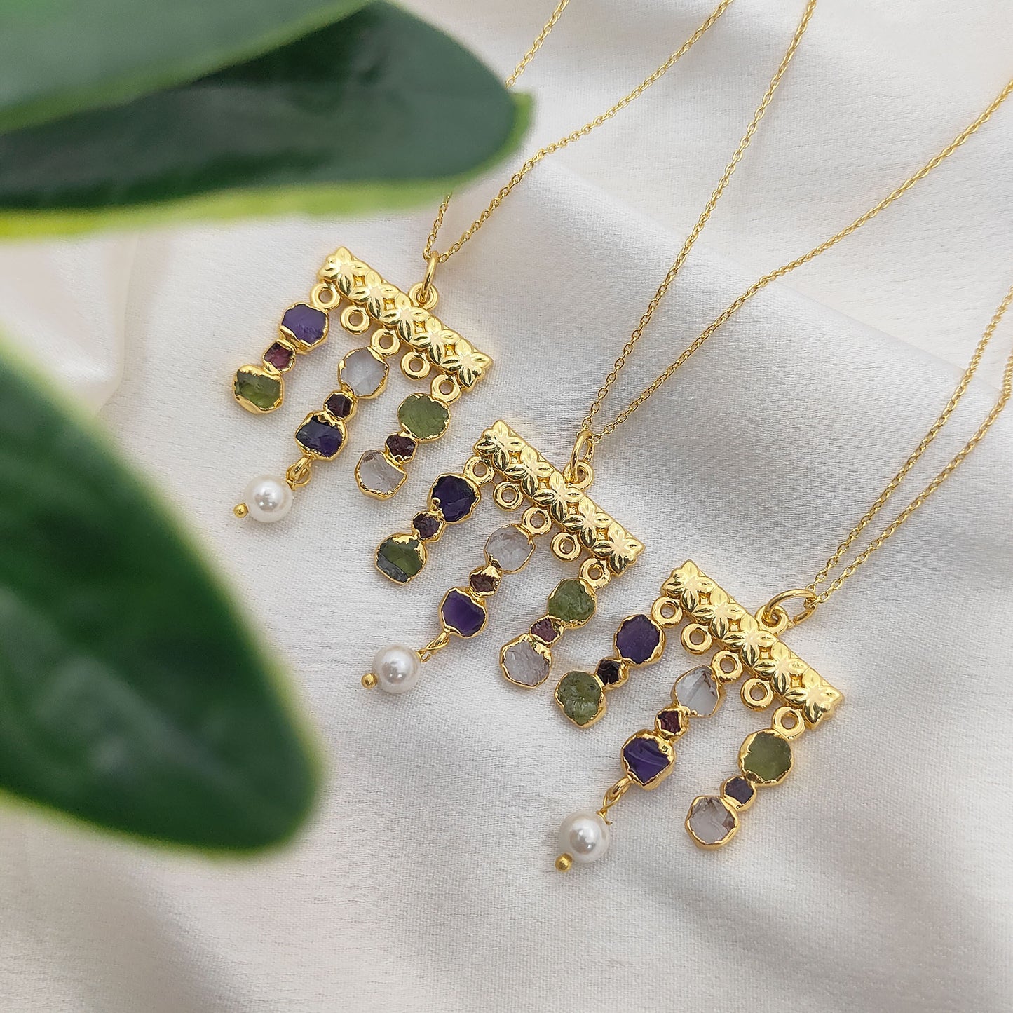 Boho Multi Gemstone Necklace with Freshwater Pearls & Raw Birthstones Peridot & Garnet Healing Crystal Jewelry for Women