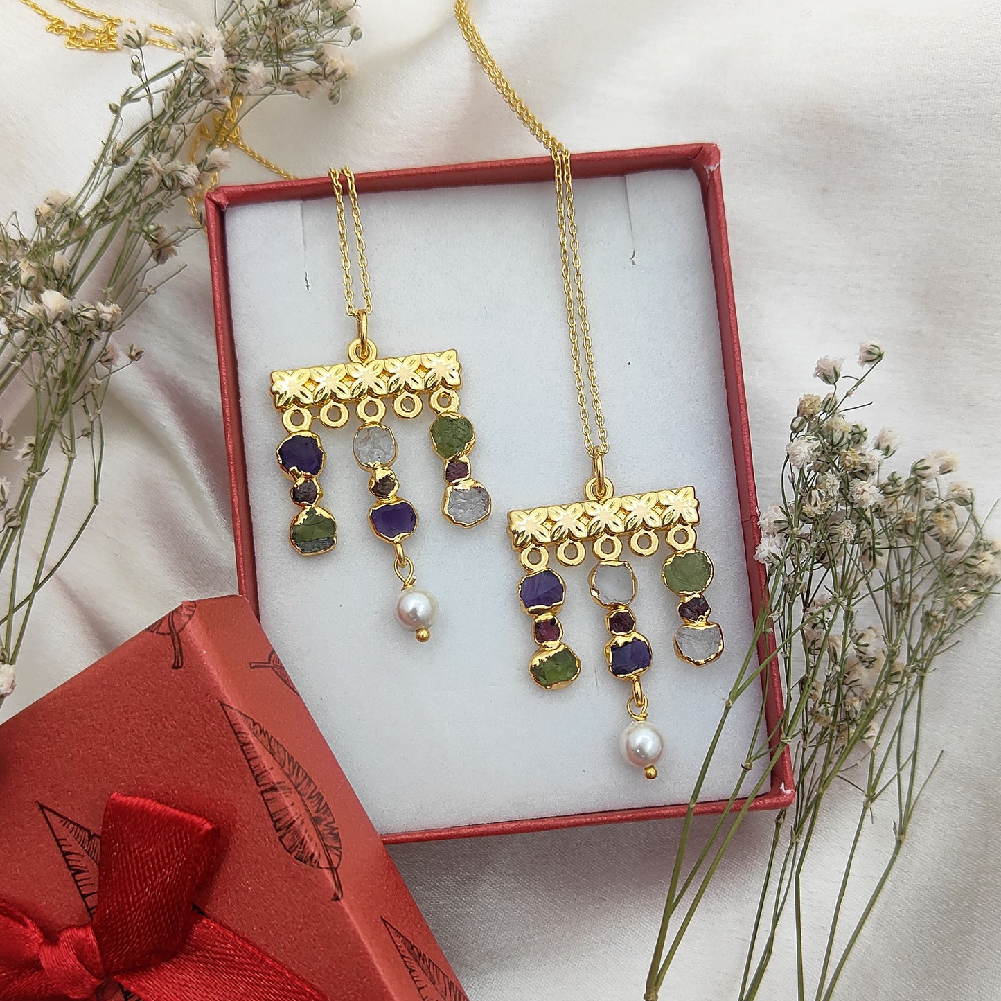Boho Multi Gemstone Necklace with Freshwater Pearls & Raw Birthstones Peridot & Garnet Healing Crystal Jewelry for Women