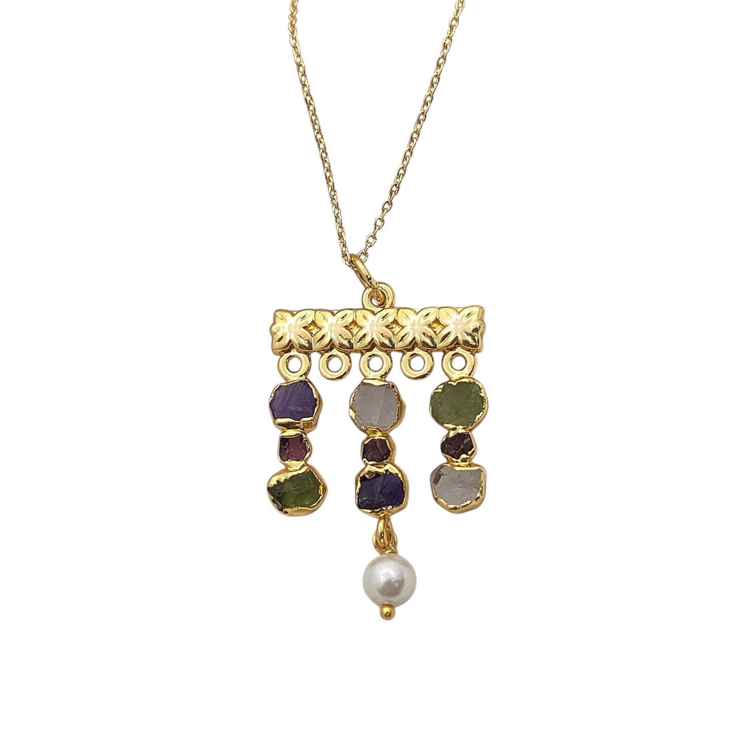 Boho Multi Gemstone Necklace with Freshwater Pearls & Raw Birthstones Peridot & Garnet Healing Crystal Jewelry for Women