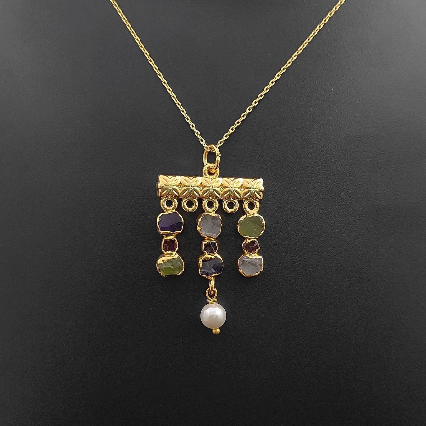 Boho Multi Gemstone Necklace with Freshwater Pearls & Raw Birthstones Peridot & Garnet Healing Crystal Jewelry for Women