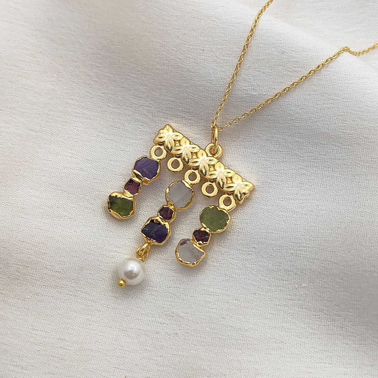 Boho Multi Gemstone Necklace with Freshwater Pearls & Raw Birthstones Peridot & Garnet Healing Crystal Jewelry for Women