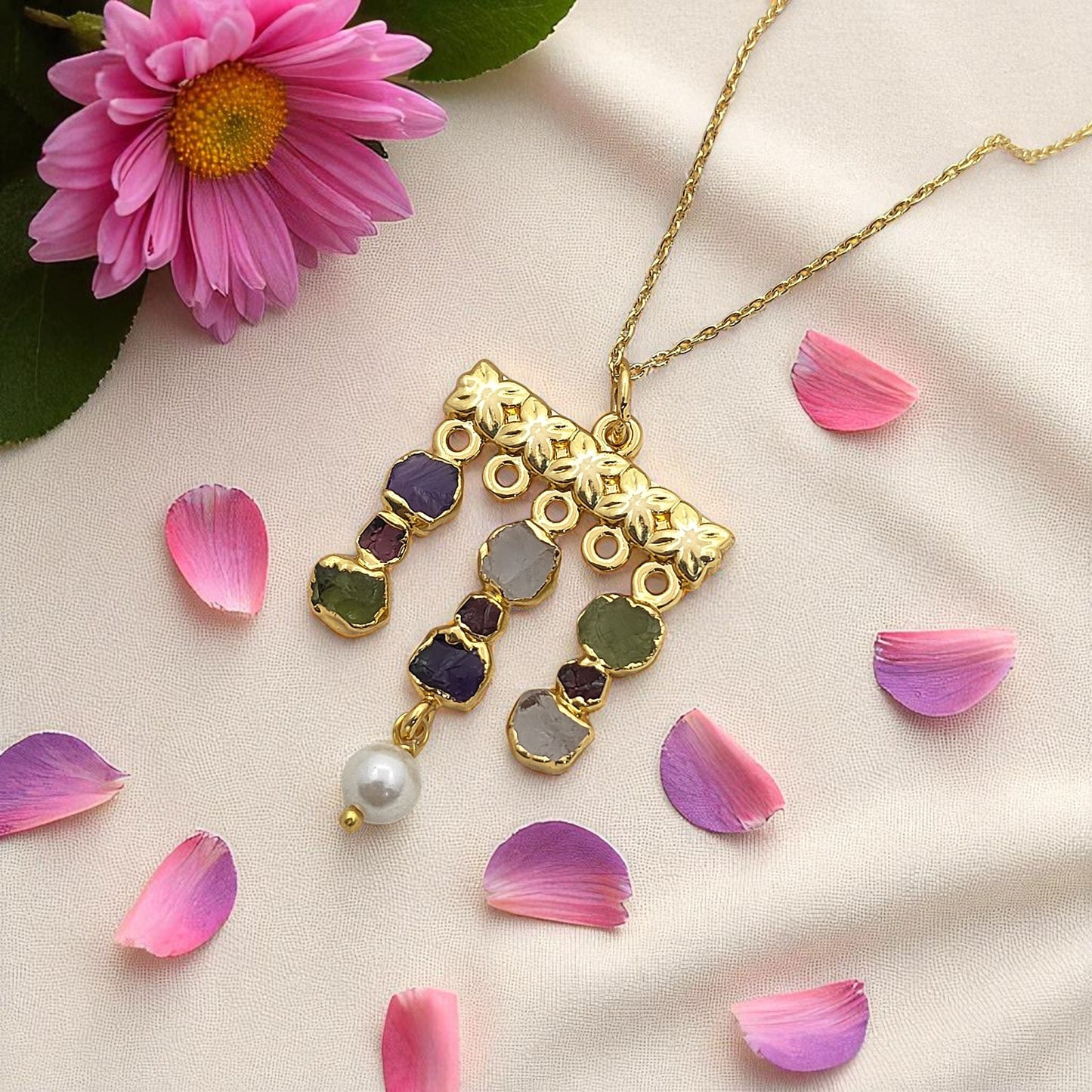 Boho Multi Gemstone Necklace with Freshwater Pearls & Raw Birthstones Peridot & Garnet Healing Crystal Jewelry for Women