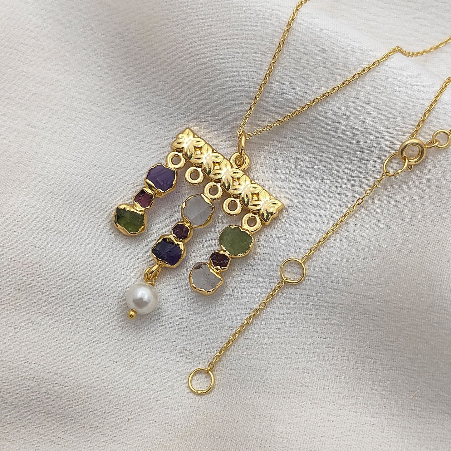 Boho Multi Gemstone Necklace with Freshwater Pearls & Raw Birthstones Peridot & Garnet Healing Crystal Jewelry for Women