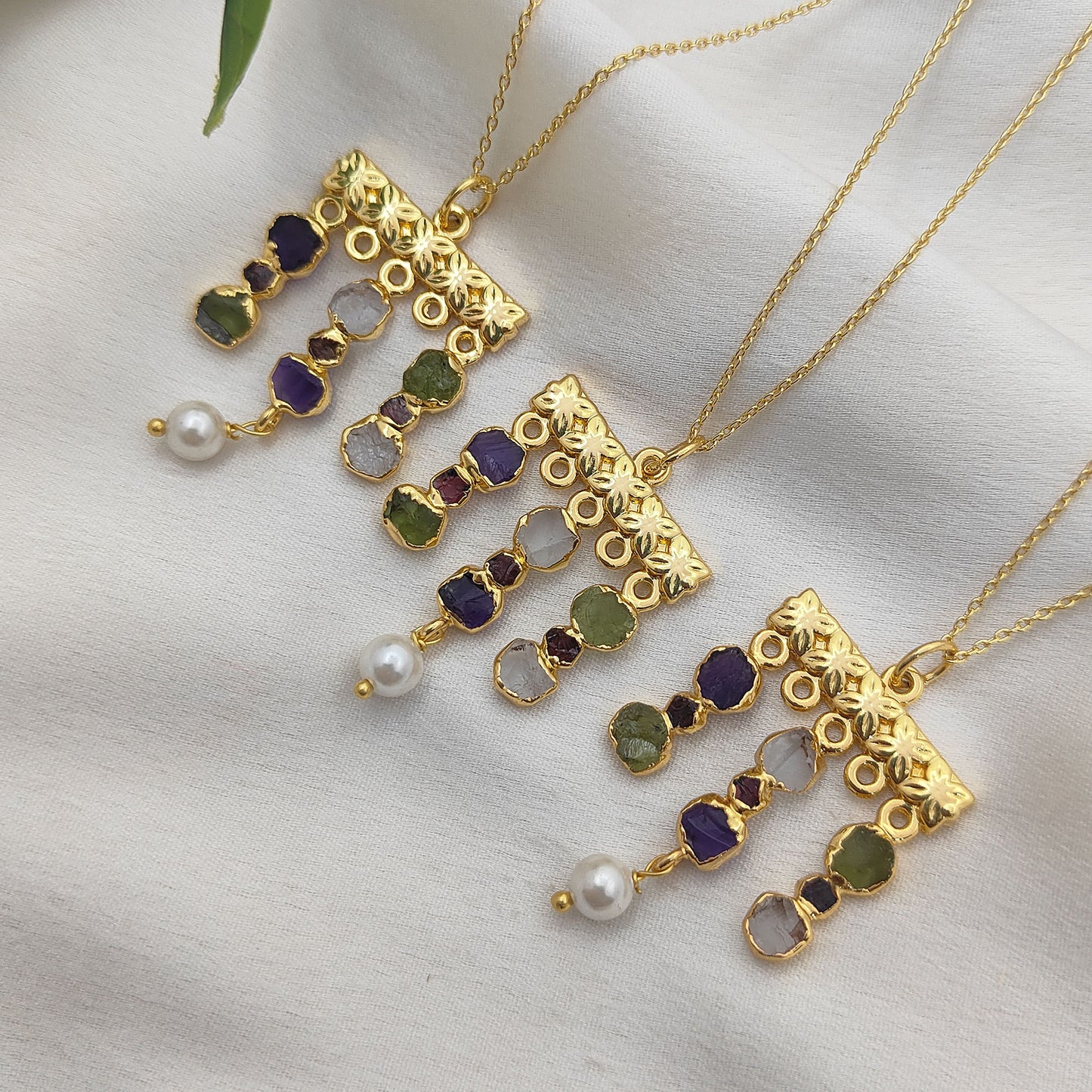 Boho Multi Gemstone Necklace with Freshwater Pearls & Raw Birthstones Peridot & Garnet Healing Crystal Jewelry for Women