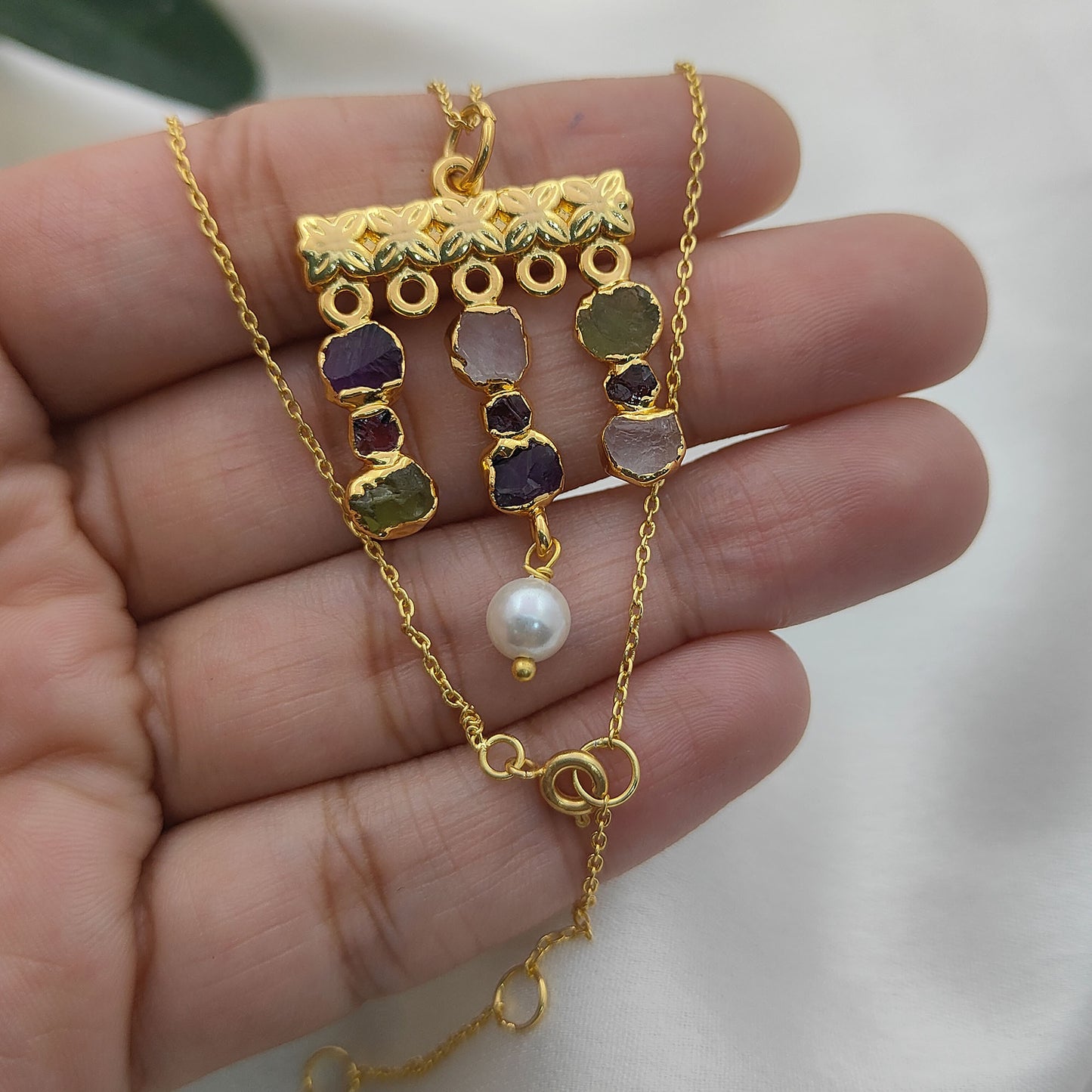 Boho Multi Gemstone Necklace with Freshwater Pearls & Raw Birthstones Peridot & Garnet Healing Crystal Jewelry for Women