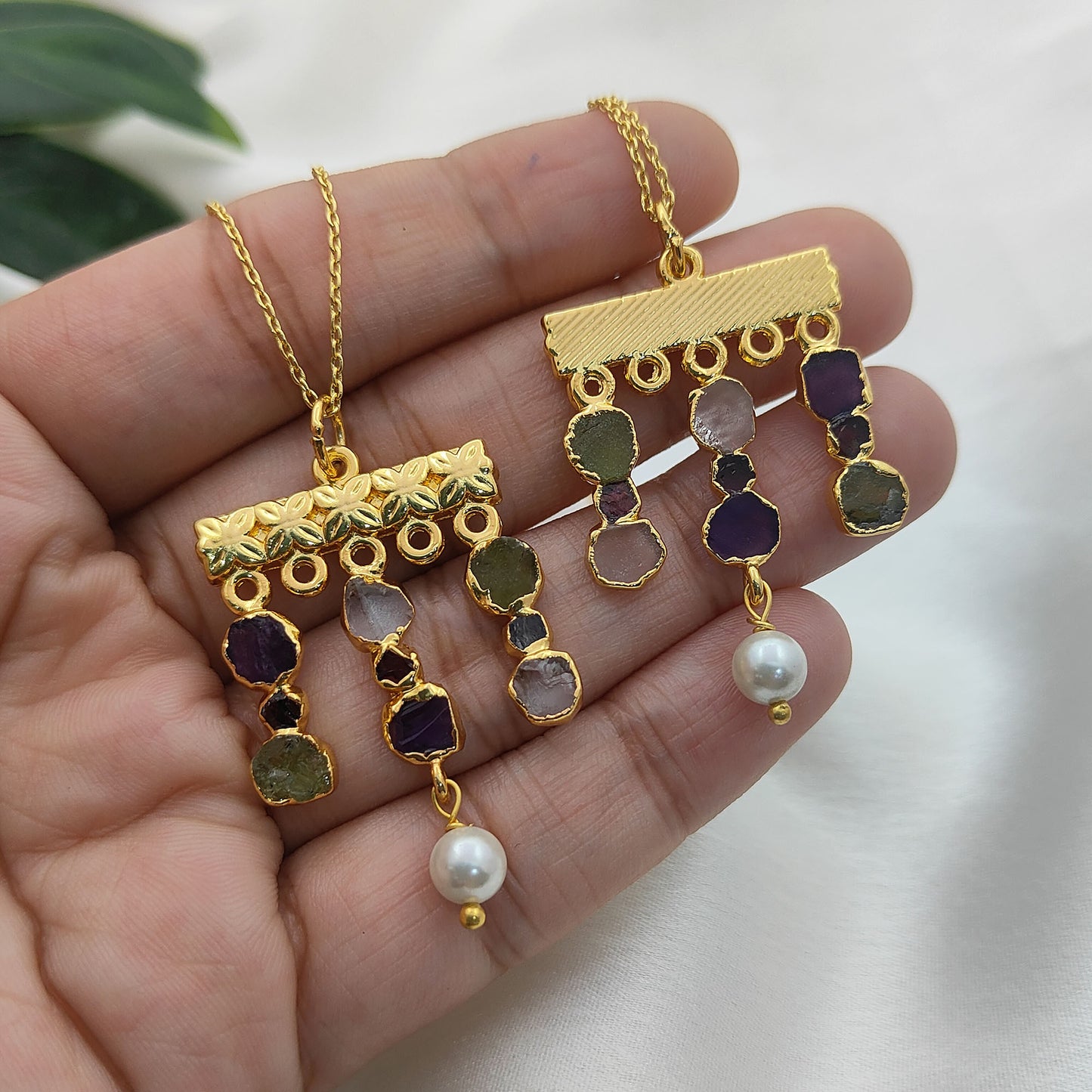 Boho Multi Gemstone Necklace with Freshwater Pearls & Raw Birthstones Peridot & Garnet Healing Crystal Jewelry for Women