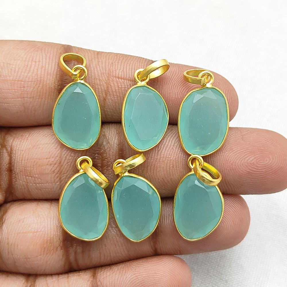 Boho Aqua Chalcedony Pendant Uneven Semi-Precious Stone Handmade Gold/Silver Plated Charms