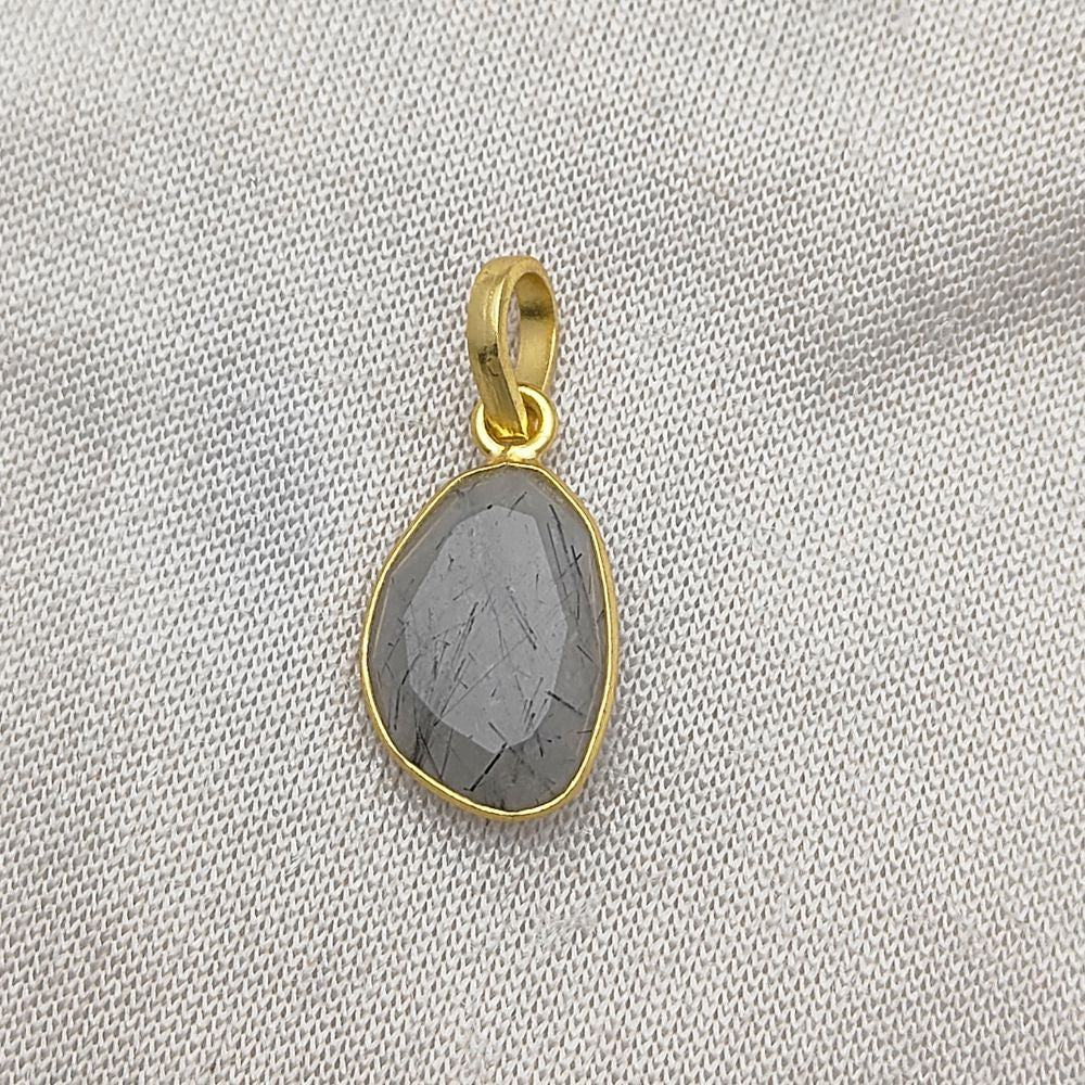 Boho Black Rutile Quartz Pendant Organic Uneven Shape Gemstone Handmade Gold/Silver Plated Jewelry