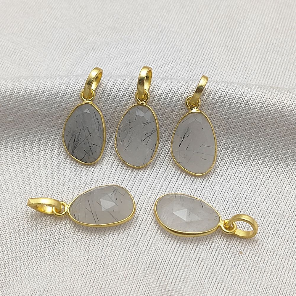 Boho Black Rutile Quartz Pendant Organic Uneven Shape Gemstone Handmade Gold/Silver Plated Jewelry