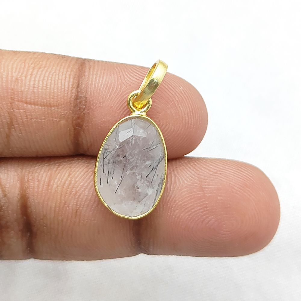 Boho Black Rutile Quartz Pendant Organic Uneven Shape Gemstone Handmade Gold/Silver Plated Jewelry