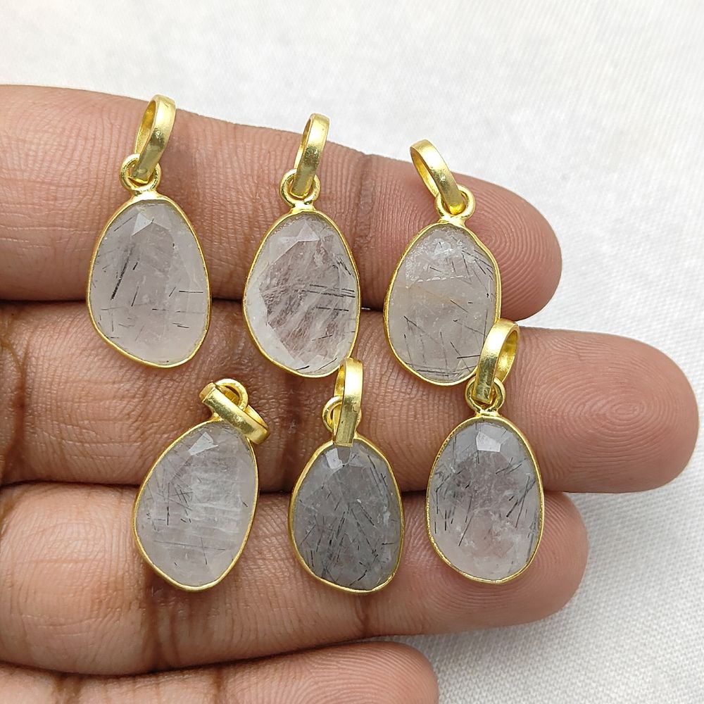 Boho Black Rutile Quartz Pendant Organic Uneven Shape Gemstone Handmade Gold/Silver Plated Jewelry