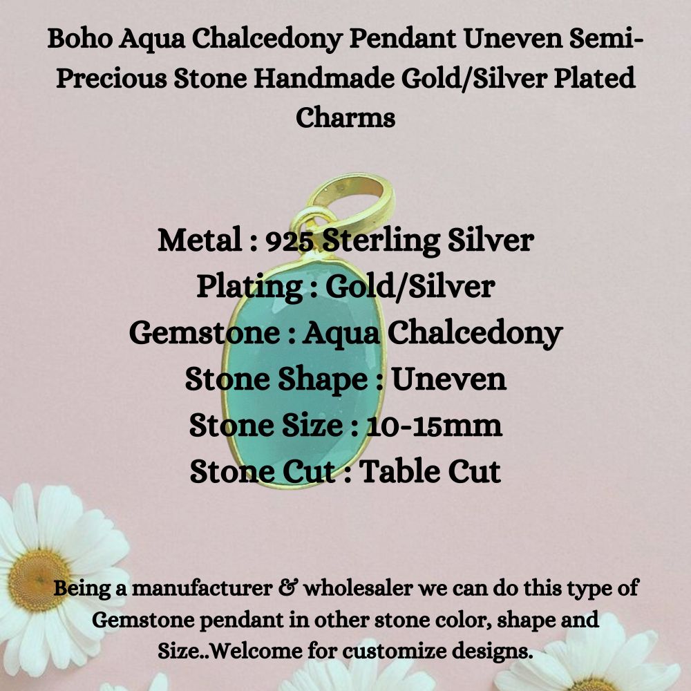 Boho Aqua Chalcedony Pendant Uneven Semi-Precious Stone Handmade Gold/Silver Plated Charms