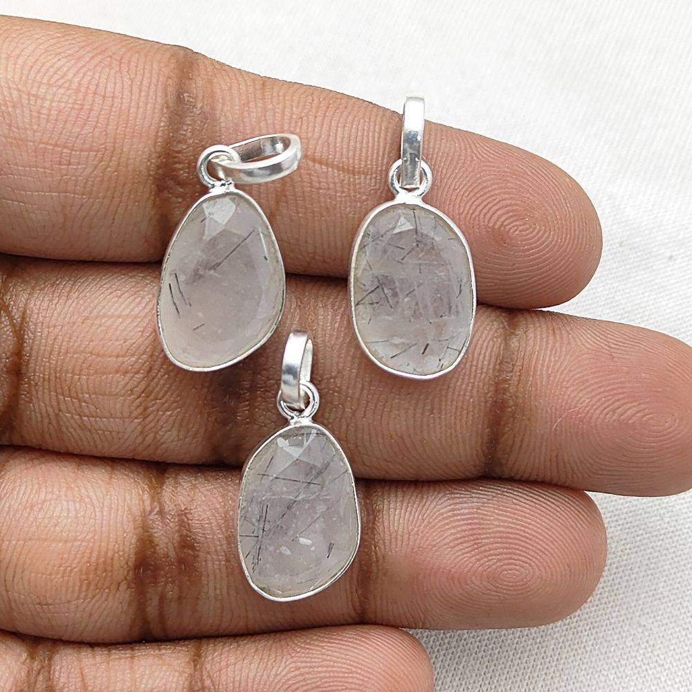 Boho Black Rutile Quartz Pendant Organic Uneven Shape Gemstone Handmade Gold/Silver Plated Jewelry