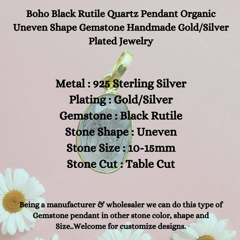 Boho Black Rutile Quartz Pendant Organic Uneven Shape Gemstone Handmade Gold/Silver Plated Jewelry