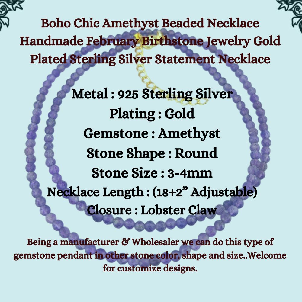 Boho Chic Amethyst Beaded Necklace Handmade February Birthstone Jewelry Gold Plated Sterling Silver Statement Necklace (Adjustable 18+2 Inch Chain) – Selling/Piece