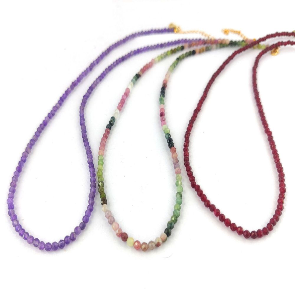 Boho Chic Amethyst Beaded Necklace Handmade February Birthstone Jewelry Gold Plated Sterling Silver Statement Necklace (Adjustable 18+2 Inch Chain) – Selling/Piece