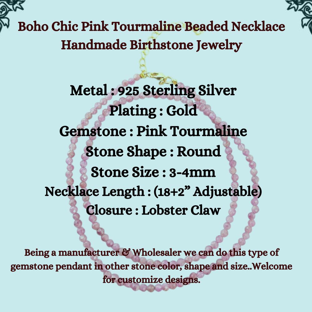 Boho Chic Pink Tourmaline Beaded Necklace Handmade Birthstone Jewelry Gold Plated Silver Statement Necklace for Anniversary (Adjustable 18+2 Inch Chain) – Selling/Piece