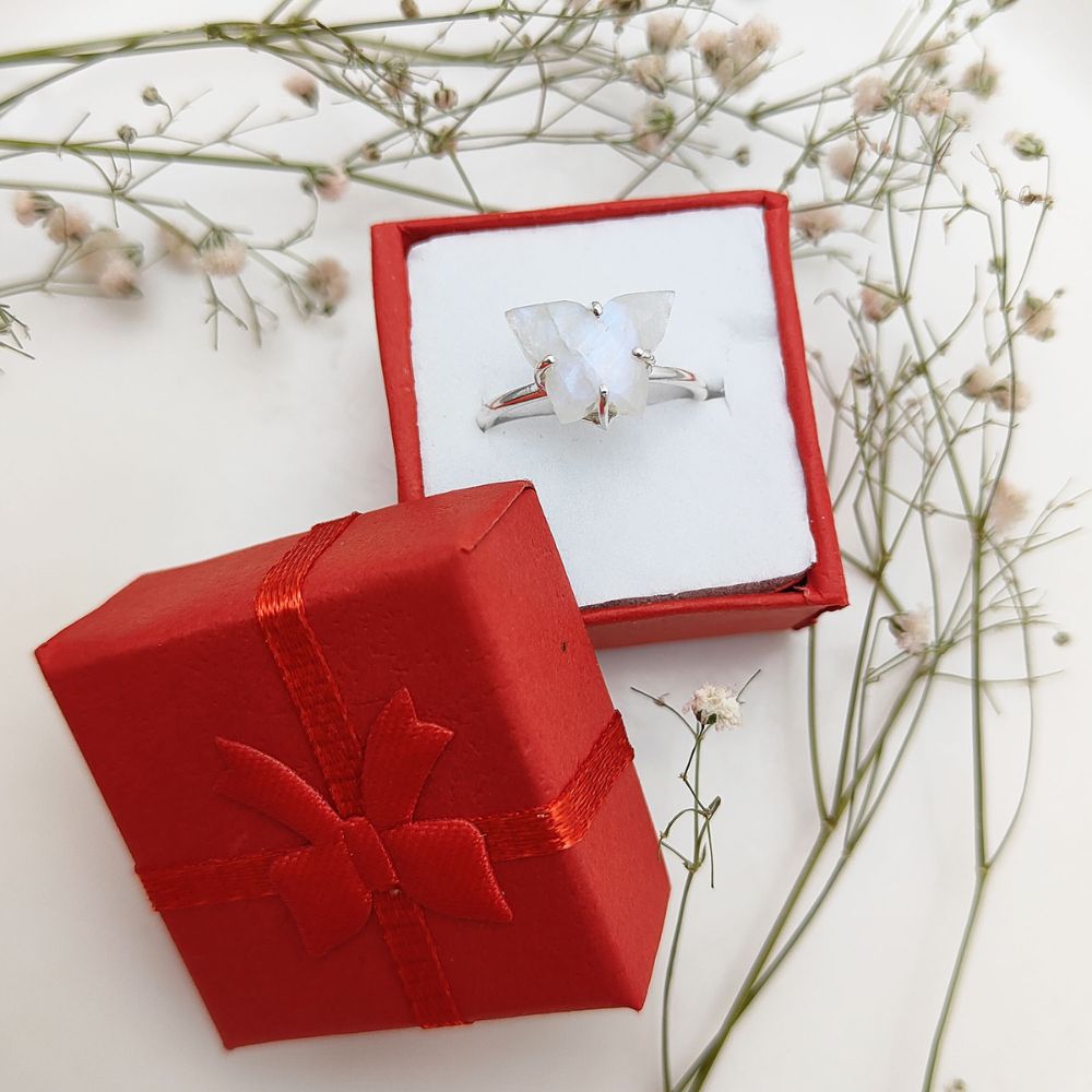 Natural Rainbow Moonstone Butterfly Ring in Sterling Silver Boho Jewelry