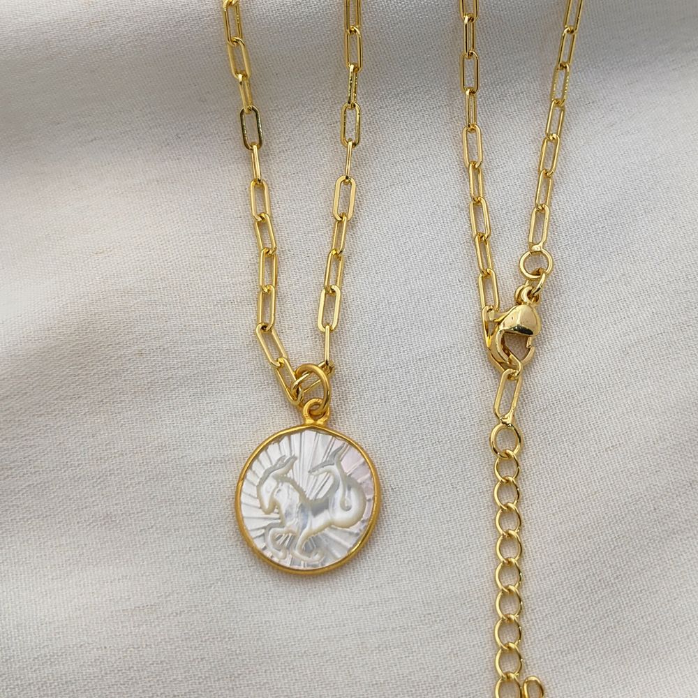 Mother of Pearl Zodiac Pendant for Necklace Gold Plated Astrology Sign Charm on Paperclip Chain Horoscope Jewelry Gift- Selling Per Piece