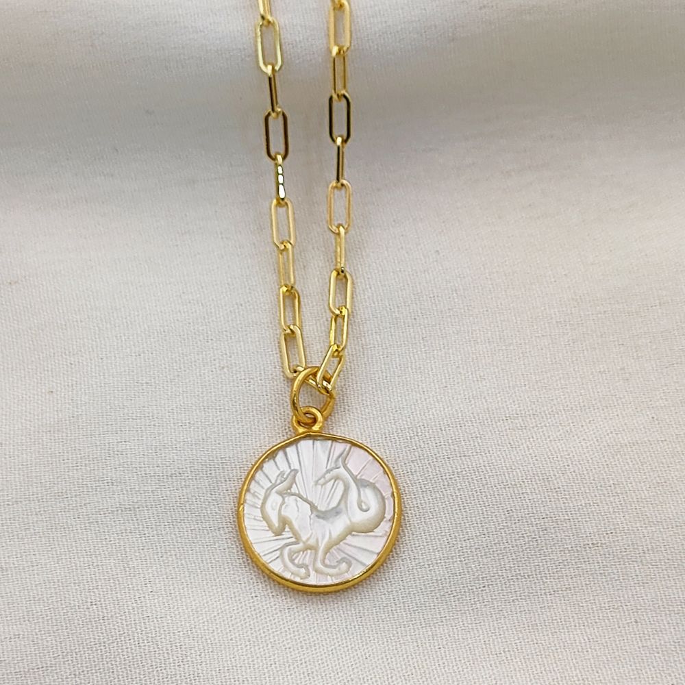 Mother of Pearl Zodiac Pendant for Necklace Gold Plated Astrology Sign Charm on Paperclip Chain Horoscope Jewelry Gift- Selling Per Piece