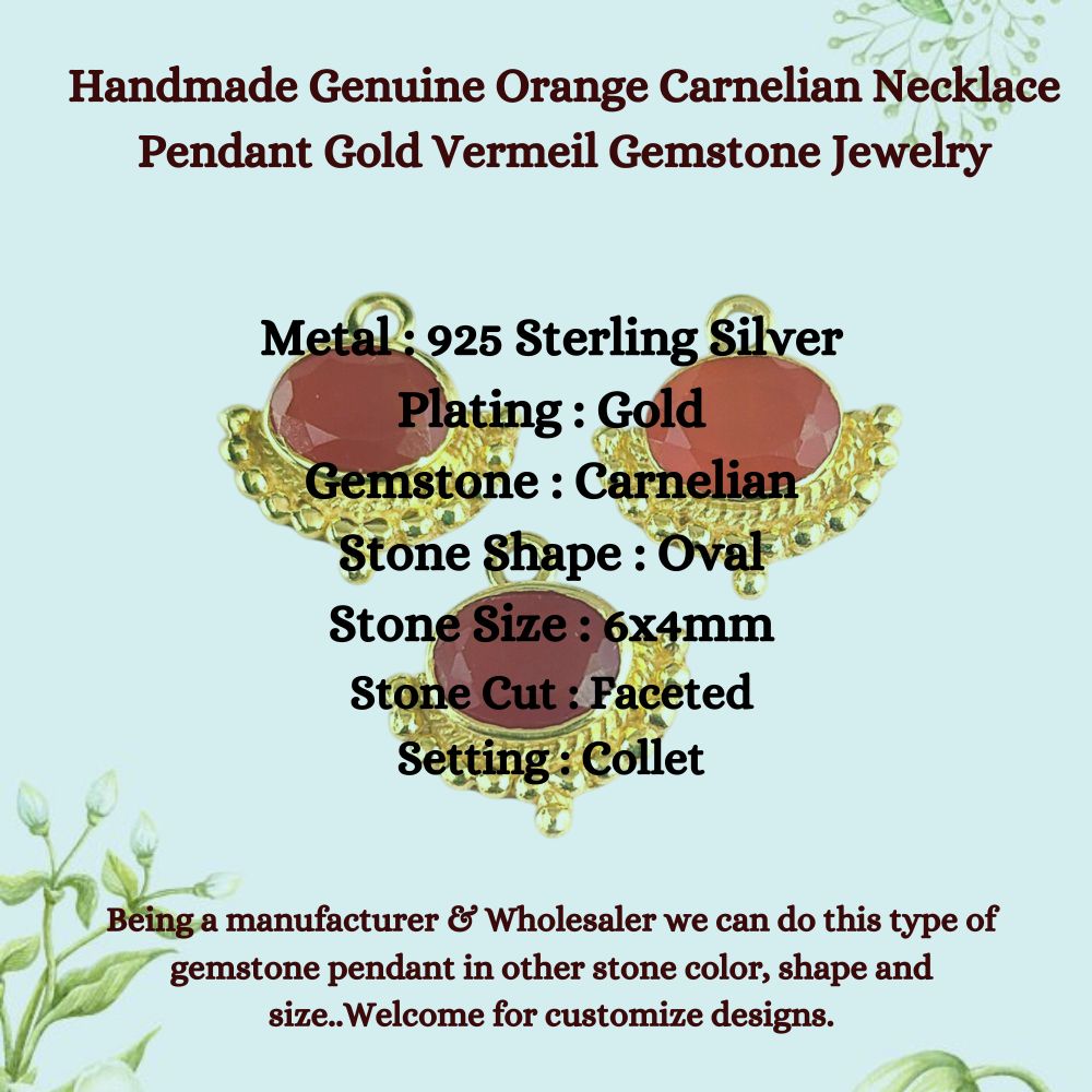 Handmade Genuine Orange Carnelian Necklace Pendant Gold Vermeil Gemstone Jewelry for Everyday Wear- Selling Per Piece