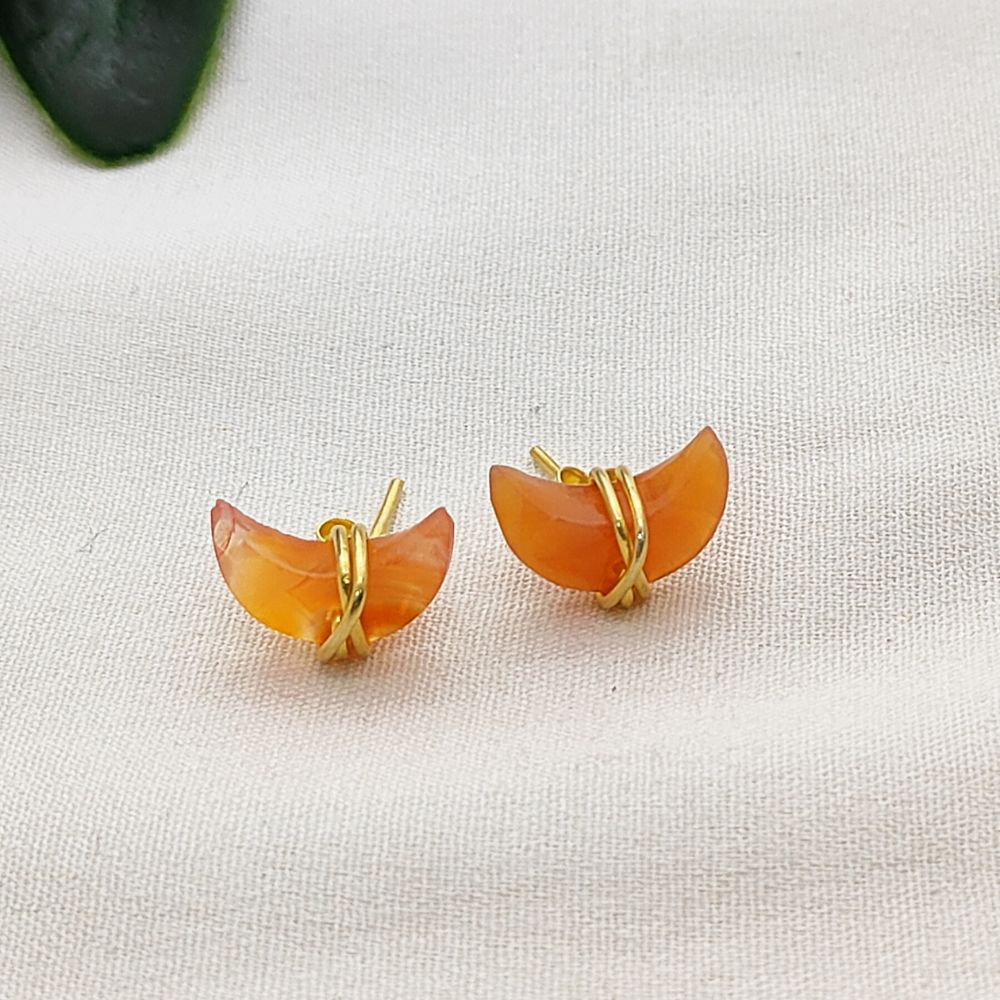 Carnelian Half Moon Stud Earrings Handmade Gold Plated Sterling Silver Minimalist Jewelry- Selling Per Piece
