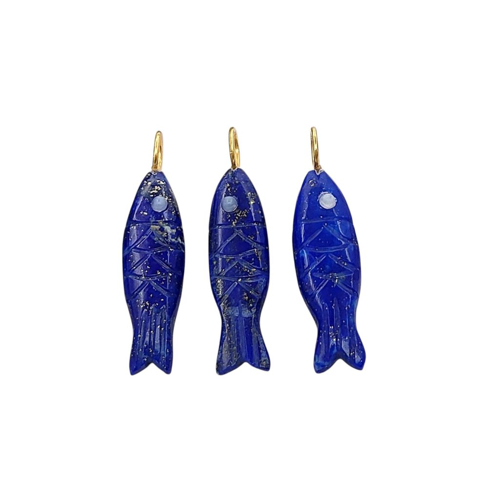 Carved lapis lazuli gemstone fish pendant in 925 sterling silver