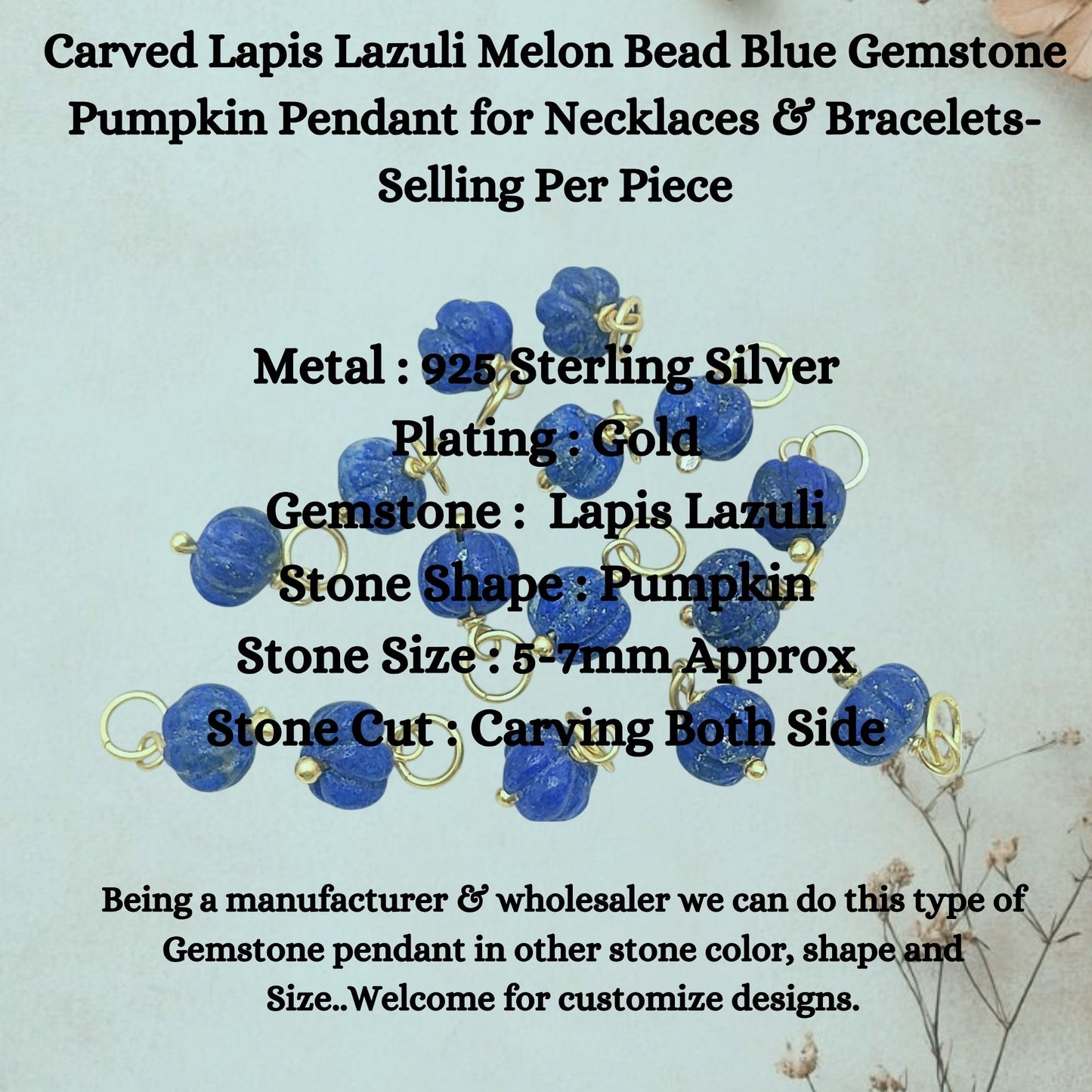 Carved Lapis Lazuli Melon Bead Blue Gemstone Pumpkin Pendant for Necklaces & Bracelets- Selling Per Piece