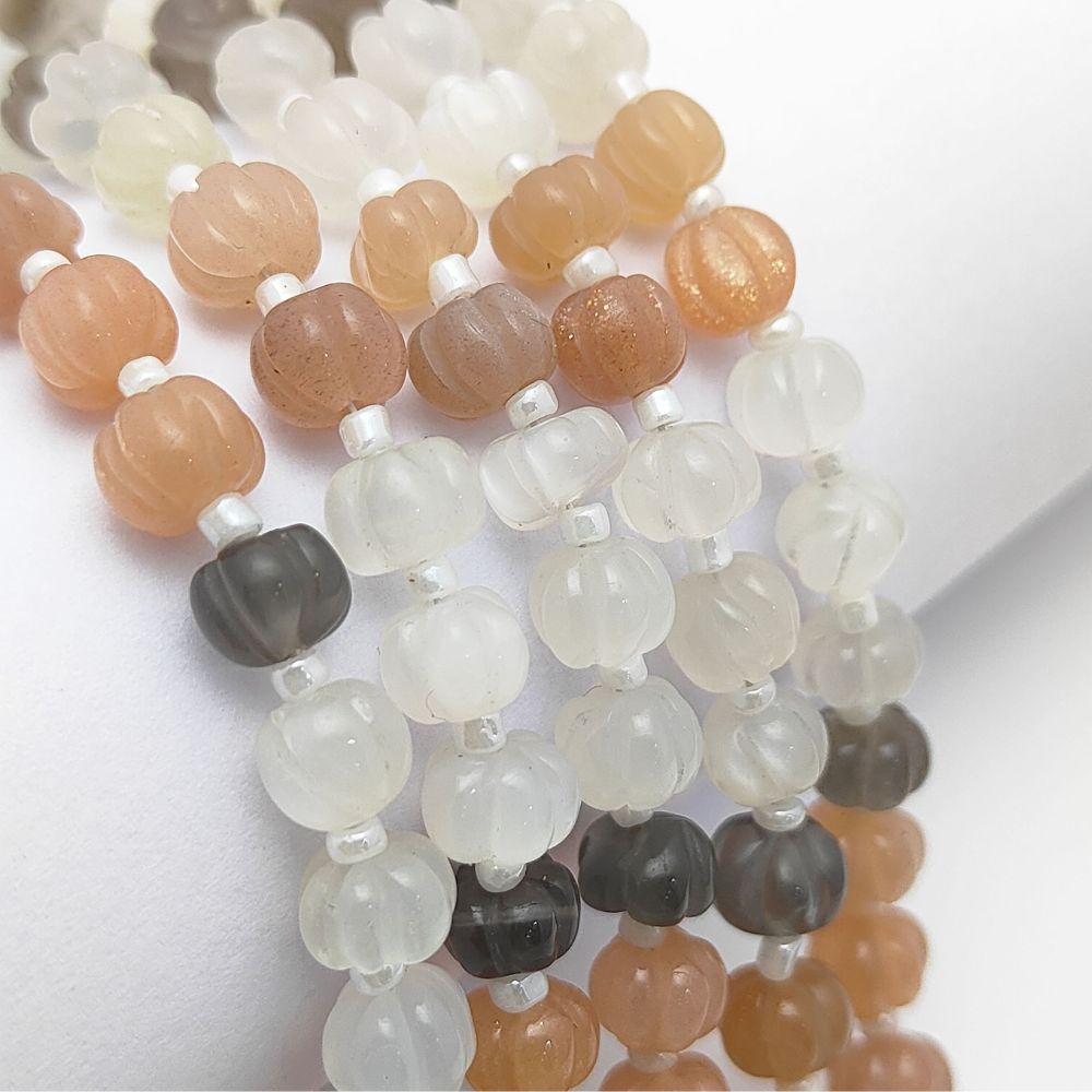 Unique Carved Multi-Moonstone Pumpkin Beads – Perfect for Custom Jewelry Designs
