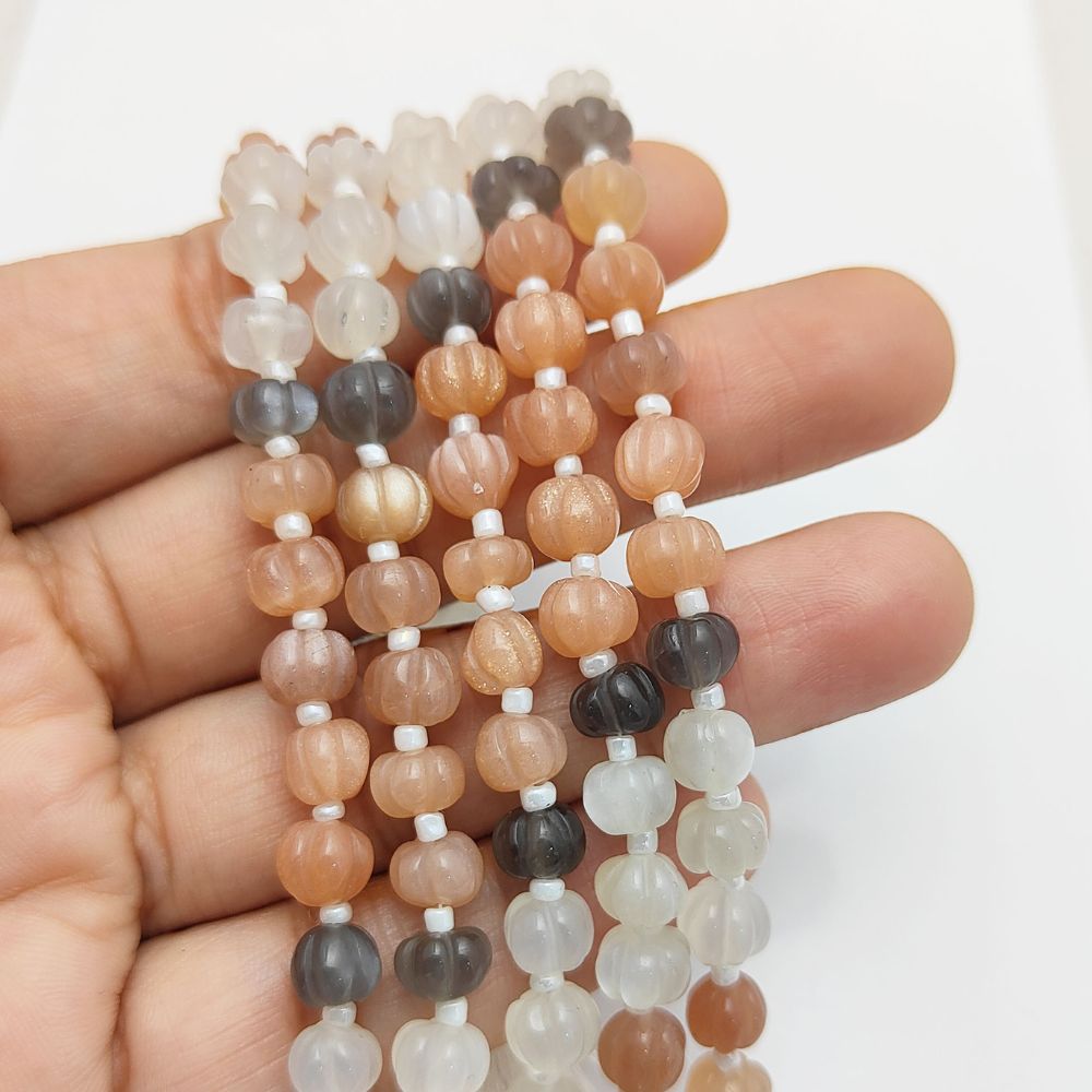 Carved Multi-Moonstone Beads – Natural Pumpkin Shape for Creative Jewelry Projects
