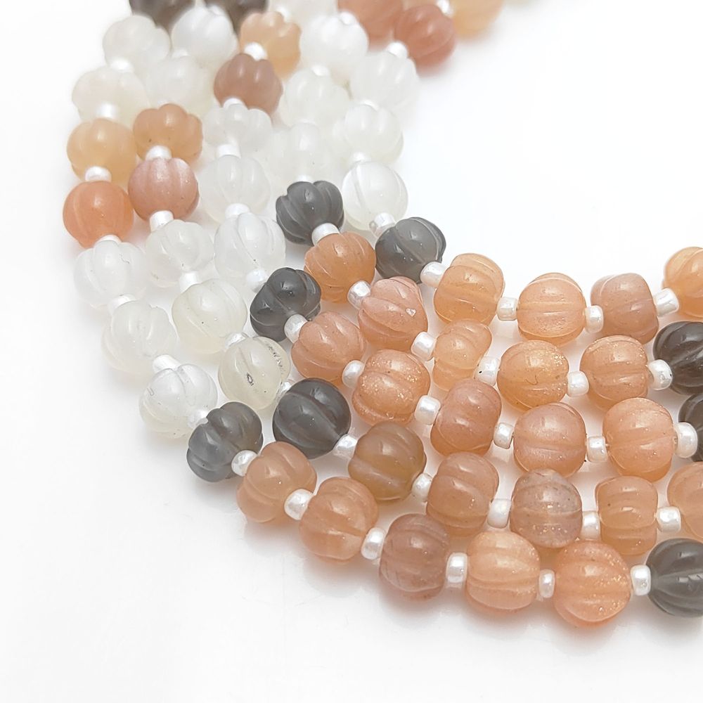 Multi-Moonstone Pumpkin Beads – Carved Natural Gemstones for One-of-a-Kind Jewelry Designs