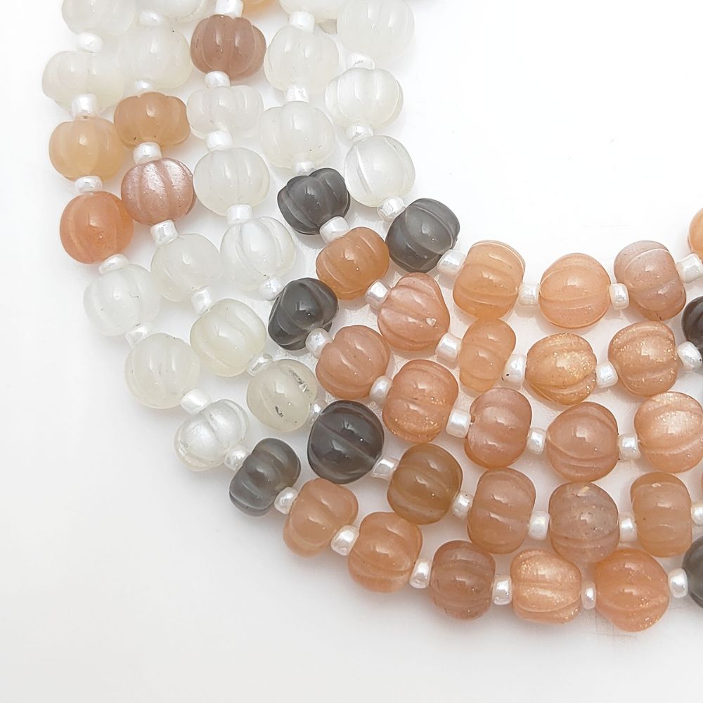 Carved Multi-Moonstone Pumpkin Shape Beads – Natural Gemstones for Unique Jewelry Making