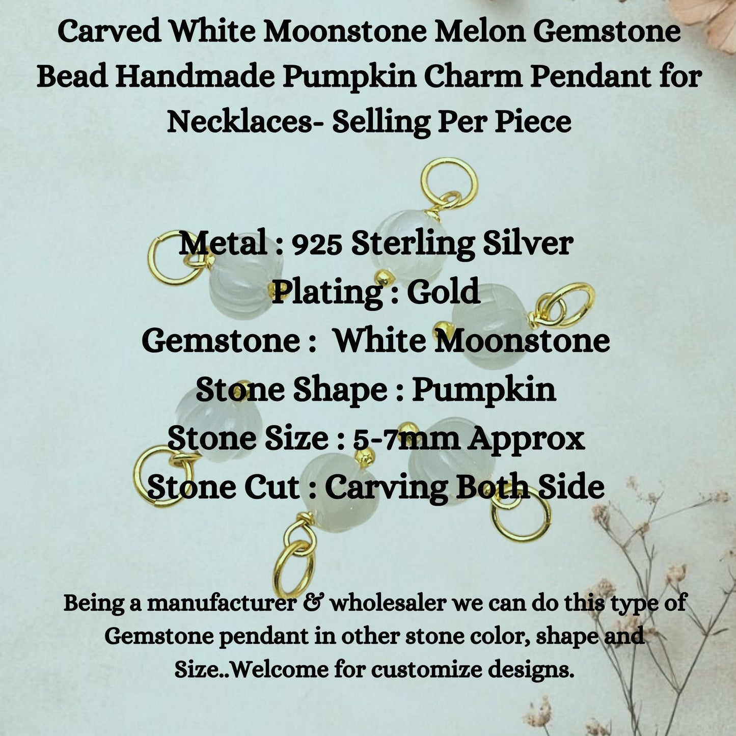 Carved White Moonstone Melon Gemstone Bead Handmade Pumpkin Charm Pendant for Necklaces- Selling Per Piece