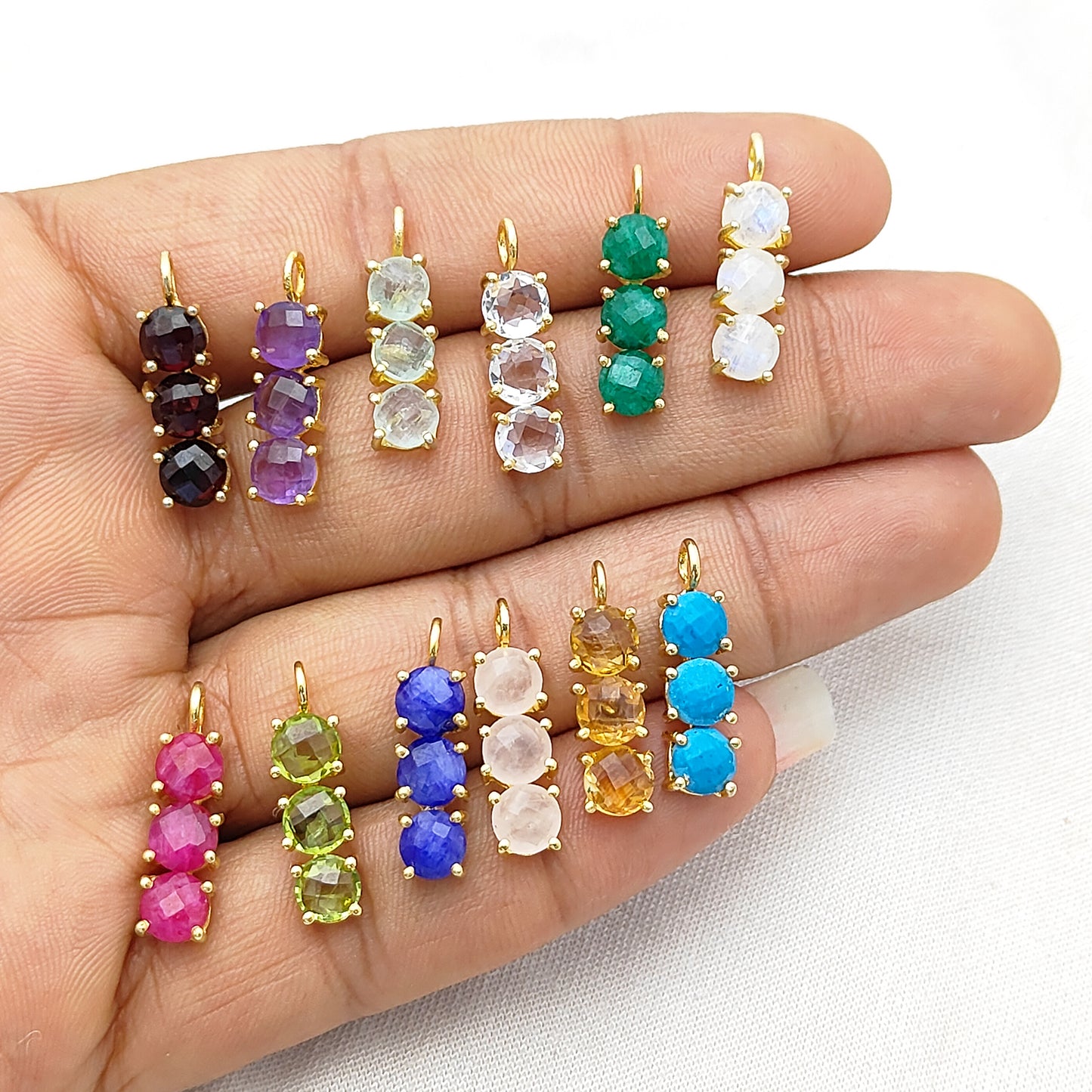 6mm Round Briolette Three Birthstone Pendant 18K Gold Plated Bezel Birthstone Charm for Personalized Jewelry